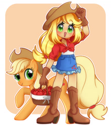 Size: 1480x1680 | Tagged: safe, artist:purin-sama, imported from derpibooru, kotobukiya, applejack, earth pony, human, pony, apple, apple basket, basket, boots, clothes, cowboy boots, cowboy hat, cowgirl, cute, denim, denim skirt, female, food, gloves, hat, human ponidox, humanized, jackabetes, kotobukiya applejack, mare, self paradox, self ponidox, shoes, skirt, stetson