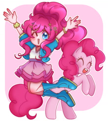 Size: 1480x1680 | Tagged: safe, artist:purin-sama, imported from derpibooru, kotobukiya, pinkie pie, earth pony, human, pony, clothes, cute, diapinkes, female, human ponidox, humanized, jumping, kotobukiya pinkie pie, mare, one eye closed, open mouth, open smile, self paradox, self ponidox, skirt, smiling, wink