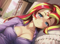 Size: 683x512 | Tagged: safe, editor:sammykun, imported from derpibooru, sunset shimmer, human, equestria girls, ai content, ai generated, bed, bedroom, breasts, bust, busty sunset shimmer, cleavage, clothes, female, generator:novelai, generator:stable diffusion, humanized, looking at you, offscreen character, on bed, pov, smiling, smiling at you, solo, waking up, window