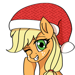 Size: 1200x1200 | Tagged: safe, artist:artevi, imported from derpibooru, applejack, earth pony, pony, bust, christmas, cute, grin, hat, holiday, hoof on cheek, looking at you, one eye closed, santa hat, simple background, smiling, solo, transparent background, wink