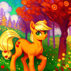 Size: 1536x1536 | Tagged: safe, imported from derpibooru, prompter:zealousmagician, applejack, earth pony, pony, ai content, ai generated, alternate cutie mark, apple, cloud, female, flower, food, g4, generator:purplesmart.ai, generator:stable diffusion, grass, outdoors, raised hoof, sky, smiling, solo, standing, sternocleidomastoid, tree, upscaled