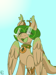 Size: 900x1210 | Tagged: safe, artist:pagophasia, derpibooru exclusive, imported from derpibooru, oc, oc only, oc:hortis culture, hybrid, pony, collar, daytime, ear tufts, eyes closed, glasses, horns, laughing, leaf, nonbinary, open mouth, raised hoof, round glasses, simple background, solo, unshorn fetlocks, wings