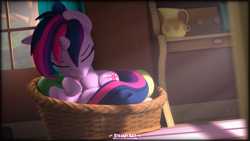 Size: 3840x2160 | Tagged: safe, artist:steamyart, imported from derpibooru, twilight sparkle, pony, unicorn, 3d, alternate hairstyle, basket, bed, behaving like a cat, cute, female, horn, mare, pet bed, pony pet, punk, punklight sparkle, sleeping, solo, source filmmaker, tongue out, twiabetes, unicorn twilight