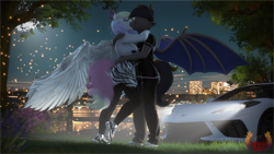 Size: 7680x4320 | Tagged: safe, artist:loveslove, imported from derpibooru, oc, oc only, oc:black night, oc:blazey sketch, anthro, bat pony, pegasus, plantigrade anthro, 3d, absurd file size, absurd resolution, bat ears, bat pony oc, bat wings, breasts, busty oc, car, clothes, couple, detailed background, duo, duo male and female, eyes closed, female, flower, gift art, hug, kissing, male, night, outdoors, pants, pegasus oc, shirt, shoes, sneakers, source filmmaker, spread wings, tail, tree, vehicle, wings