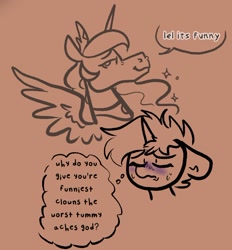 Size: 716x773 | Tagged: safe, artist:nootaz, imported from derpibooru, princess celestia, oc, oc:nootaz, alicorn, pony, unicorn, eyes closed, frown, grammar error, lidded eyes, smiling, smug, sweat, thought bubble