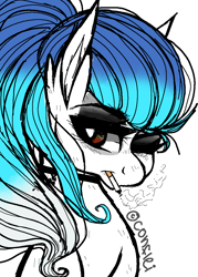 Size: 860x1200 | Tagged: safe, artist:conflei, imported from derpibooru, oc, oc only, earth pony, pony, choker, cigarette, ear fluff, earth pony oc, female, mare, one eye closed, solo, wink