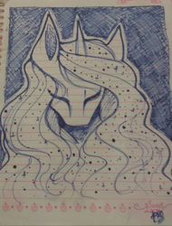 Size: 955x1257 | Tagged: safe, artist:prettyshinegp, imported from derpibooru, oc, oc only, pony, unicorn, bust, ethereal mane, eyes closed, female, horn, lined paper, mare, solo, starry mane, traditional art, unicorn oc