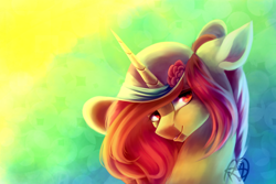 Size: 3000x2000 | Tagged: safe, artist:prettyshinegp, imported from derpibooru, oc, oc only, pony, unicorn, abstract background, bust, female, hat, horn, mare, signature, solo, sun hat, unicorn oc