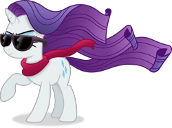 Size: 5398x4021 | Tagged: safe, artist:anime-equestria, imported from derpibooru, rarity, pony, unicorn, absurd resolution, clothes, eyebrows, eyeshadow, female, horn, makeup, mare, raised hoof, scarf, shadow, simple background, smiling, smirk, solo, sunglasses, tail, transparent background, vector, wavy mane, windswept mane, windswept tail