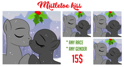 Size: 1200x654 | Tagged: safe, artist:jennieoo, imported from derpibooru, oc, commission, eyes closed, holly, holly mistaken for mistletoe, kiss on the lips, kissing, snow, snowfall, vector, your character here