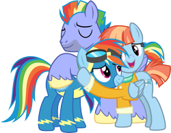 Size: 3857x3000 | Tagged: safe, artist:cloudy glow, imported from derpibooru, bow hothoof, rainbow dash, windy whistles, pegasus, pony, parental glideance, .ai available, clothes, family, father and child, father and daughter, female, goggles, hug, male, mare, mother and child, mother and daughter, simple background, stallion, transparent background, uniform, vector, wonderbolts uniform