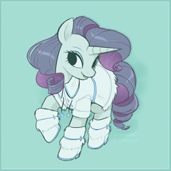 Size: 2103x2103 | Tagged: safe, artist:syrupyyy, imported from derpibooru, rarity, pony, unicorn, blue background, boots, bundled up, clothes, coat, cute, eyeshadow, female, grin, makeup, mare, raised hoof, raribetes, shoes, simple background, smiling, solo, winter, winter outfit