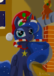 Size: 849x1200 | Tagged: safe, artist:darkdabula, imported from derpibooru, princess luna, alicorn, pony, candy, candy cane, chimney, christmas, female, food, hat, hearth's warming eve, holiday, mare, moon, night, santa hat, sitting, solo