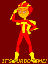 Size: 1280x1707 | Tagged: safe, artist:goonthetoonkid, imported from derpibooru, sunset shimmer, human, equestria girls, boots, clothes, crossover, gloves, jingle all the way, motorcross, salute, shoes, superhero, turbo man