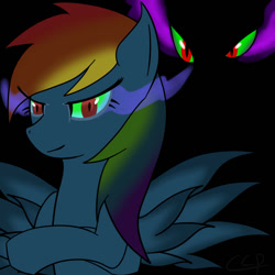 Size: 800x800 | Tagged: safe, artist:cat-morrison, imported from derpibooru, king sombra, rainbow dash, pegasus, pony, umbrum, unicorn, black background, corrupted, corrupted rainbow dash, crossed hooves, dark magic, darkened coat, darkened hair, duo, duo male and female, female, female focus, looking at you, magic, male, mare, mind control, possessed, possession, simple background, solo focus, sombra eyes, spread wings, wings
