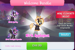 Size: 1281x858 | Tagged: safe, imported from derpibooru, applejack, rarity, twilight sparkle, kirin, nirik, winged kirin, applejack's hat, bundle, cloven hooves, collection, costs real money, cowboy hat, english, fangs, female, fire, gameloft, hat, horn, kirin applejack, kirin rarity, kirin twilight, kirin-ified, mane of fire, mobile game, my little pony: magic princess, official, species swap, spread wings, text, twilight sparkle (alicorn), wings