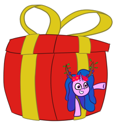 Size: 2048x2048 | Tagged: safe, artist:knife smile, imported from derpibooru, izzy moonbow, pony, unicorn, antlers, box, female, g5, looking at you, mare, present, simple background, solo, the izzy box, transparent background