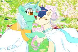 Size: 1860x1251 | Tagged: safe, artist:memengla, imported from derpibooru, bon bon, lyra heartstrings, sweetie drops, earth pony, pony, unicorn, clothes, colored pupils, crying, dress, duo, female, flower, lesbian, lyrabon, mare, marriage, shipping, tears of joy, wedding, wedding dress