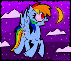 Size: 1766x1516 | Tagged: safe, artist:xxv4mp_g4z3rxx, imported from derpibooru, rainbow dash, pegasus, pony, alternate hair color, blue coat, blushing, cloud, flying, looking up, moon, multicolored hair, night, rainbow hair, red eyes, solo, spread wings, stars, wings