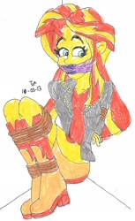 Size: 1170x1909 | Tagged: safe, artist:godzilla713, imported from derpibooru, sunset shimmer, human, equestria girls, bondage, cloth gag, gag, simple background, solo, tied up, white background