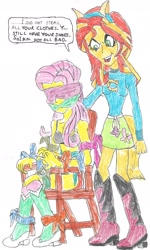 Size: 1592x2647 | Tagged: safe, artist:godzilla713, imported from derpibooru, fluttershy, sunset shimmer, human, equestria girls, blindfold, bondage, chair, cloth gag, clothes swap, gag, simple background, tied to chair, tied up, white background