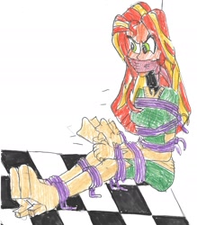 Size: 1700x1941 | Tagged: safe, artist:godzilla713, imported from derpibooru, sunset shimmer, human, equestria girls, bondage, cloth gag, gag, simple background, solo, tied up, white background