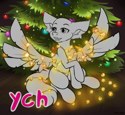 Size: 1880x1732 | Tagged: safe, artist:yuris, imported from derpibooru, oc, pegasus, pony, advertisement, any gender, auction, auction open, christmas, christmas tree, commission, ears back, garland, happy new year, holiday, new year, open mouth, smiling, solo, spread wings, tree, wings, ych sketch, your character here