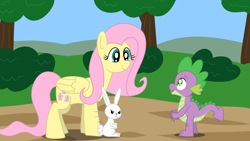 Size: 1920x1080 | Tagged: safe, artist:platinumdrop, imported from derpibooru, angel bunny, fluttershy, spike, dragon, pegasus, pony, rabbit, angry, animal, female, mare, smiling