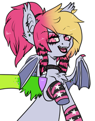 Size: 633x804 | Tagged: safe, artist:twiggy doodle, imported from derpibooru, oc, oc only, oc:batty bliss, bat pony, pony, bat pony oc, chest fluff, clothes, collar, ear fluff, ear piercing, piercing, simple background, socks, spread wings, striped socks, transparent background, wings