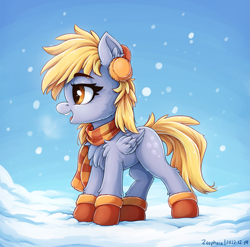 Size: 1331x1314 | Tagged: safe, artist:zeepheru_pone, imported from derpibooru, derpy hooves, pegasus, pony, chest fluff, clothes, cute, derpabetes, ear fluff, earmuffs, female, mare, scarf, smiling, snow, snowfall, solo, standing, striped scarf, winter