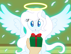 Size: 2753x2100 | Tagged: safe, artist:badumsquish, derpibooru exclusive, imported from derpibooru, oc, oc:zophiel, angel pony, human, original species, pony, :o, angel, bow, box, christmas presents, cute, duo, eyes on the prize, feather, female, floating wings, glowing, halo, hand, high res, house, long mane, looking at something, mare, ocbetes, offscreen character, open mouth, pov, present, ribbon, sitting, spread wings, surprised, wholesome, wings