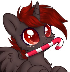 Size: 2634x2720 | Tagged: safe, artist:mariashek, artist:mint-light, imported from derpibooru, oc, oc only, oc:hardy, alicorn, pony, alicorn oc, base used, bust, candy, candy cane, female, food, horn, mare, rule 63, simple background, solo, transparent background, wings