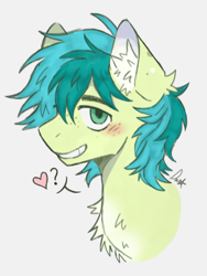 Size: 3072x4096 | Tagged: safe, artist:sandbarx3, imported from derpibooru, sandbar, earth pony, pony, blushing, chest fluff, colored ear fluff, ear fluff, freckles, head, heart, male, pale belly, sandabetes, side view, solo, speech bubble, stallion, two toned mane