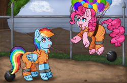 Size: 1533x1004 | Tagged: safe, artist:yumomochan, imported from derpibooru, pinkie pie, rainbow dash, earth pony, pegasus, pony, :p, ball and chain, balloon, chains, clothes, commission, escape, jumpsuit, never doubt rainbowdash69's involvement, pinkie being pinkie, prison, prison outfit, prisoner, prisoner pp, prisoner rd, silly face, tongue out