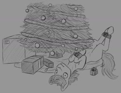 Size: 1280x981 | Tagged: safe, artist:stray prey, imported from derpibooru, oc, oc only, oc:lucent, pony, unicorn, belly, bondage, christmas, christmas tree, holiday, lying down, on back, solo, sternocleidomastoid, tree