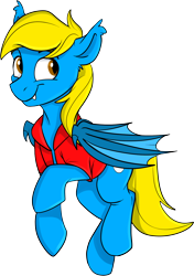 Size: 960x1367 | Tagged: safe, artist:rutkotka, imported from derpibooru, oc, oc only, oc:aliax, oc:aliax smily, bat pony, pony, derpibooru community collaboration, 2023 community collab, bat pony oc, blue, clothes, commission, jacket, simple background, smiling, solo, transparent background, your character here