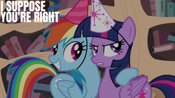 Size: 1280x720 | Tagged: safe, edit, edited screencap, editor:quoterific, imported from derpibooru, screencap, rainbow dash, twilight sparkle, alicorn, pegasus, pony, daring don't, golden oaks library, hat, party hat, twilight sparkle (alicorn)