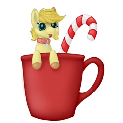 Size: 1280x1280 | Tagged: safe, artist:stray prey, imported from derpibooru, oc, oc only, earth pony, pony, :p, candy, candy cane, collar, cup, cup of pony, digital art, female, food, looking at you, mare, micro, mug, simple background, solo, tongue out, white background
