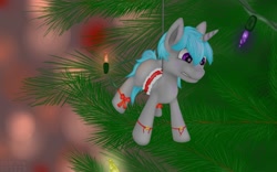 Size: 1280x800 | Tagged: safe, artist:stray prey, imported from derpibooru, oc, oc only, oc:lucent, pony, unicorn, bow, christmas, christmas tree, digital art, harness, holiday, horn, male, micro, solo, stallion, suspended, tack, tail, tree