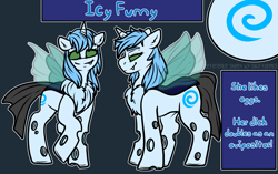 Size: 3064x1928 | Tagged: safe, artist:sexygoatgod, imported from derpibooru, oc, oc only, oc:icefumy, changeling, pony, futa, ice changeling, intersex, looking at you, reference sheet, smiling, smirk