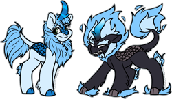 Size: 3109x1800 | Tagged: safe, artist:sexygoatgod, imported from derpibooru, oc, oc only, oc:icefumy, oc:icyfu, kirin, nirik, pony, angry, blue fire, chest fluff, cloven hooves, duality, fangs, fire, futa, intersex, kirin oc, leg fluff, looking at you, self paradox, sharp teeth, simple background, smiling, teeth, transparent background