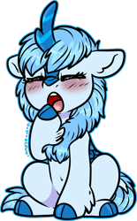 Size: 1066x1720 | Tagged: safe, artist:sexygoatgod, imported from derpibooru, oc, oc only, oc:icefumy, kirin, pony, blushing, chibi, cloven hooves, simple background, solo, transparent background, yawn