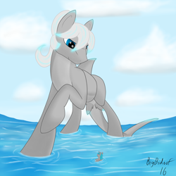 Size: 4000x4000 | Tagged: safe, artist:stray prey, imported from derpibooru, oc, oc only, oc:lacera viscera, oc:lucent, original species, pony, shark, shark pony, unicorn, digital art, fins, giant pony, macro, ocean, sky, solo, tail, water