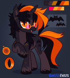 Size: 907x1004 | Tagged: safe, artist:ghastlyexists, imported from derpibooru, oc, oc only, oc:hijinx, bat pony, bat pony unicorn, hybrid, pony, unicorn, cutie mark, digital art, fangs, freckles, glasses, horn, long mane, looking at you, raised hoof, reference sheet, show accurate, simple background, slit pupils, solo, standing, tail, unshorn fetlocks, watermark