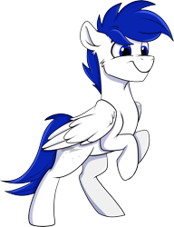 Size: 1195x1559 | Tagged: safe, artist:rutkotka, imported from derpibooru, oc, oc only, oc:shywhiteflesh, pegasus, pony, derpibooru community collaboration, 2023 community collab, male, pegasus oc, rearing, simple background, smiling, solo, stallion, standing, transparent background