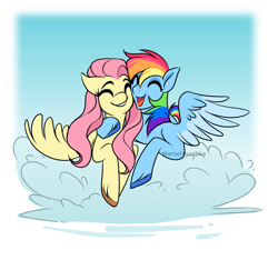 Size: 3086x2894 | Tagged: safe, artist:marsel1nushka, imported from derpibooru, fluttershy, rainbow dash, pegasus, pony, cloud, duo, female, flutterdash, hug, on a cloud