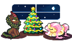 Size: 4200x2800 | Tagged: safe, artist:mariothepixelarter, imported from derpibooru, cinder glow, fluttershy, summer flare, kirin, pegasus, pony, christmas, christmas tree, cloven hooves, cute, duo, eyes closed, female, full moon, high res, holiday, lying down, mare, moon, night, pixel art, prone, shyabetes, simple background, sitting, transparent background, tree