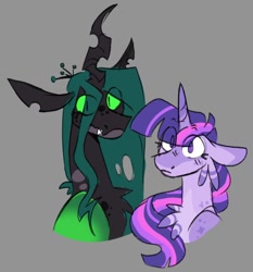 Size: 754x810 | Tagged: safe, artist:rockin_candies, imported from derpibooru, queen chrysalis, twilight sparkle, alicorn, changeling, changeling queen, pony, alternate design, cheek fluff, chest fluff, duo, eye clipping through hair, fangs, female, glowing, glowing eyes, gray background, horn, lesbian, shipping, simple background, slit pupils, twilight sparkle (alicorn), twisalis