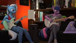 Size: 3840x2160 | Tagged: safe, artist:coolc, imported from derpibooru, trixie, twilight sparkle, anthro, 3d, clothes, electric guitar, guitar, hat, musical instrument, source filmmaker, trixie's hat