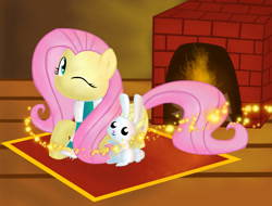 Size: 1500x1140 | Tagged: safe, artist:andromedasparkz, imported from derpibooru, angel bunny, fluttershy, pegasus, pony, rabbit, animal, clothes, female, fireplace, mare, one eye closed, rug, scarf, wink